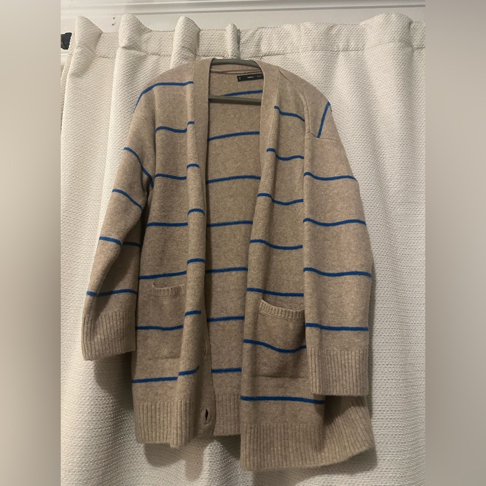 Mango Women's Tan Cardigan with Blue Stripes